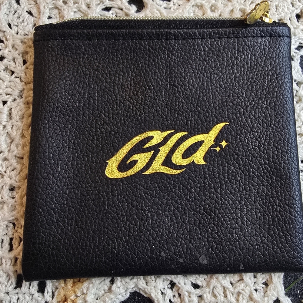 GLD Black Leather Zipper Pouch Gold Logo, Jewelry Bag
